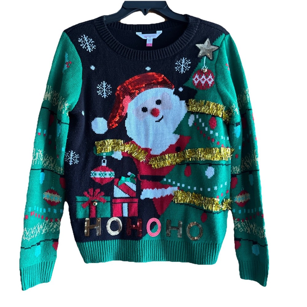 No Boundaries Womens M Ugly Christmas UCS Sweater Santa Garland Bells Ho‎ Ho Ho